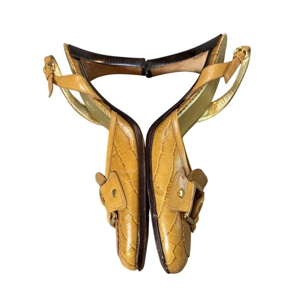 Cole Haan Tan Croc-Embossed Leather Gold Tone Buckle Slingback Heels Size 10B - Picture 3 of 8